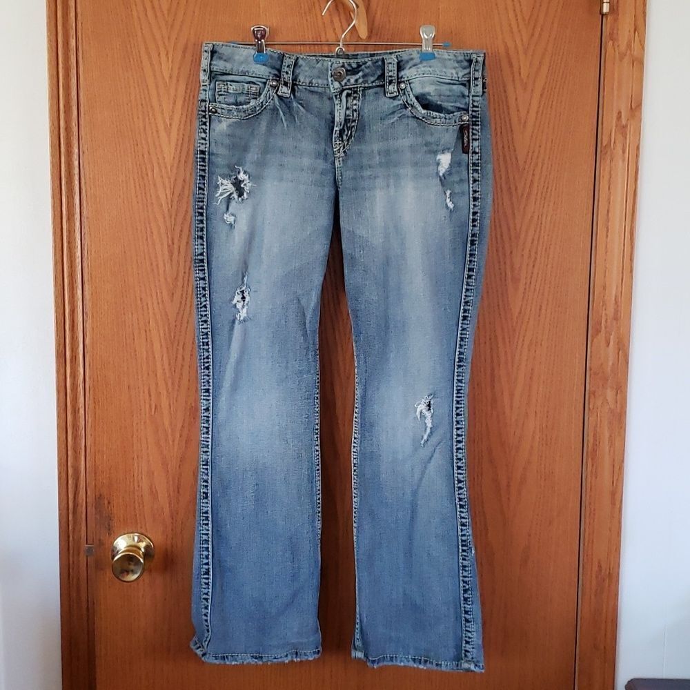 Silver Distressed Twisted Bootcut Jeans 30" x 33"